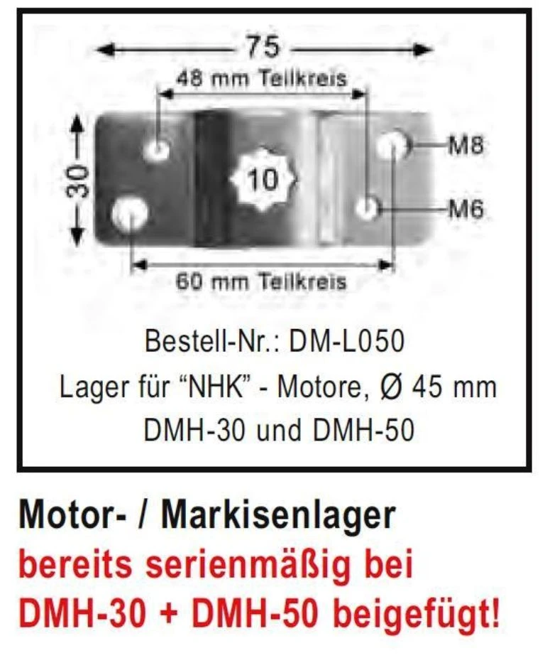 WTS - Motor Markisenlager DM-L050 für NHK - Rohrmotoren  Ø 45 mm Typ  DMH-30 und DMH-50