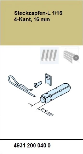 Anschlussteil - Steckzapfen-L 1/16 4-Kant, 16 mm  für Becker Rohrmotoren  Baureihe L44 bis L120