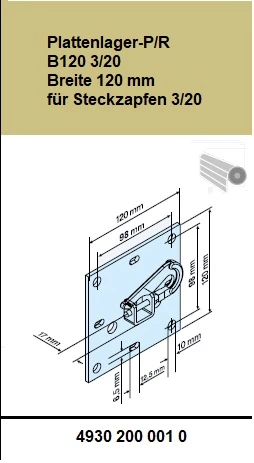 Plattenlager-P/R B120 3/20 Breite 120 mm für Steckzapfen 3/20 - für Becker Rohrantriebe P5 – P13 und R7 – R50