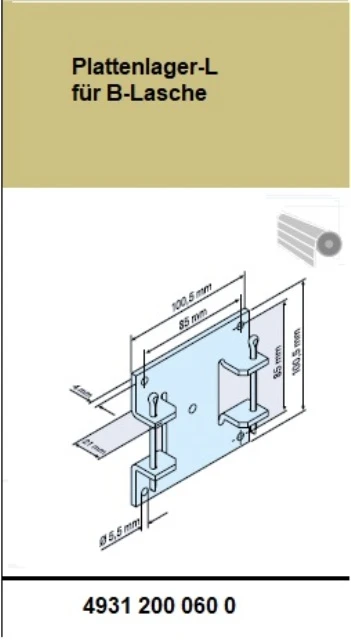 Plattenlager-L für B-Lasche L aus Metal - für Becker Rohrantriebe L44 bis L80 