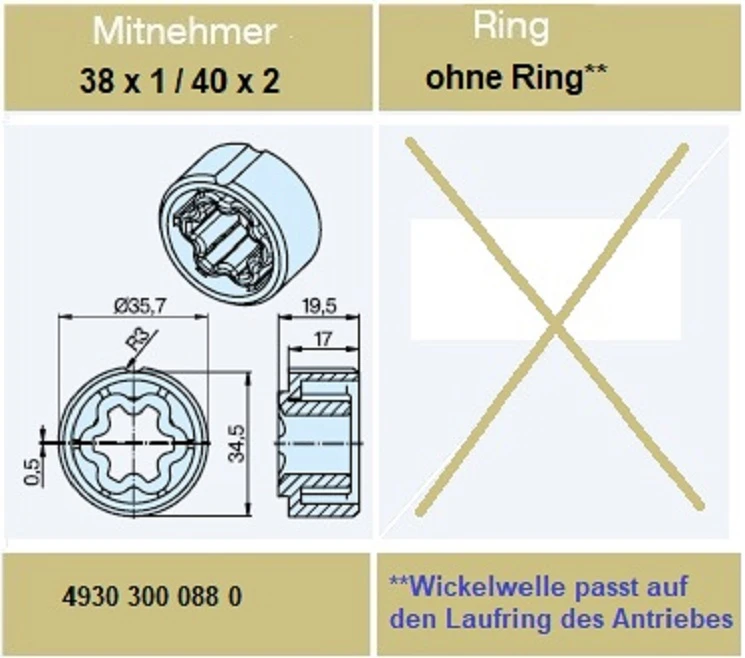 Adapter für Rundrohr 38 x 1 / 40 x 2 , für Rohrmotore Becker Baureihe P Serie