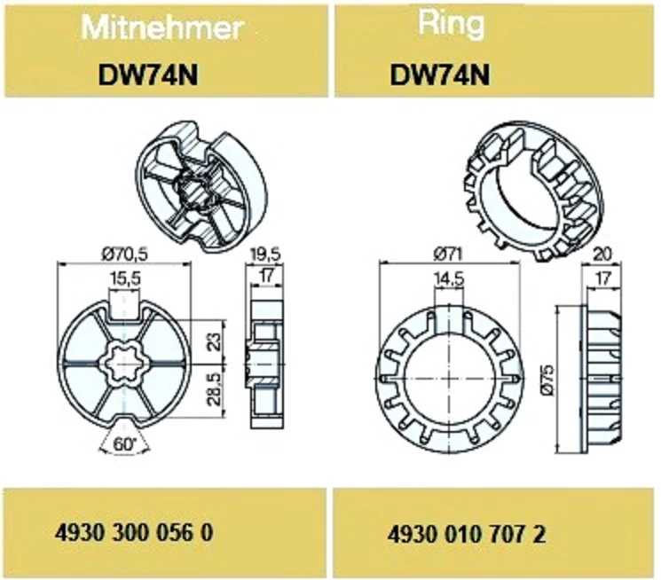 Adapterset für Nutwelle DW74N für Rohrmotoren Becker Baureihe R Serie