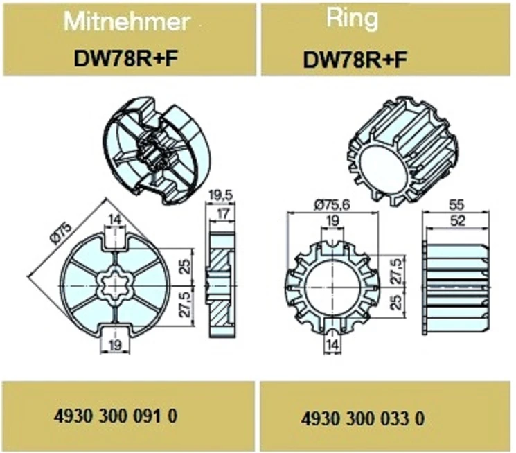 Adapterset für Nutwelle DW78R+F für Rohrmotoren Becker Baureihe R Serie