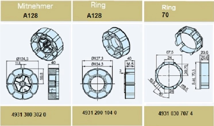 Adapterset für Profilwelle A128, für Rohrmotoren Becker Baureihe L Serie