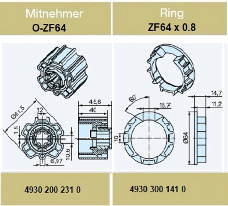 Adapterset für Profilwelle O-ZF64,für Becker Rohrmotoren  Baureihe P und R Serie mit Hinderniserkennung