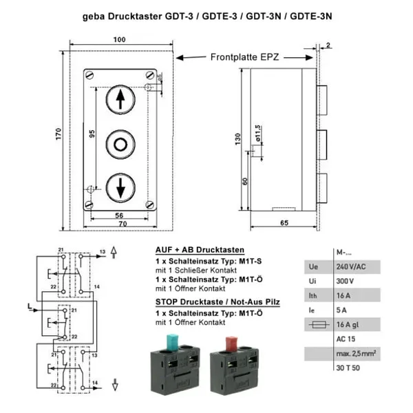 WTS - Dreifach-Drucktaster aus Metall Aufputz mit AUF + ZU Taste + NOT-HALT Pilz und wassergeschützt IP 65