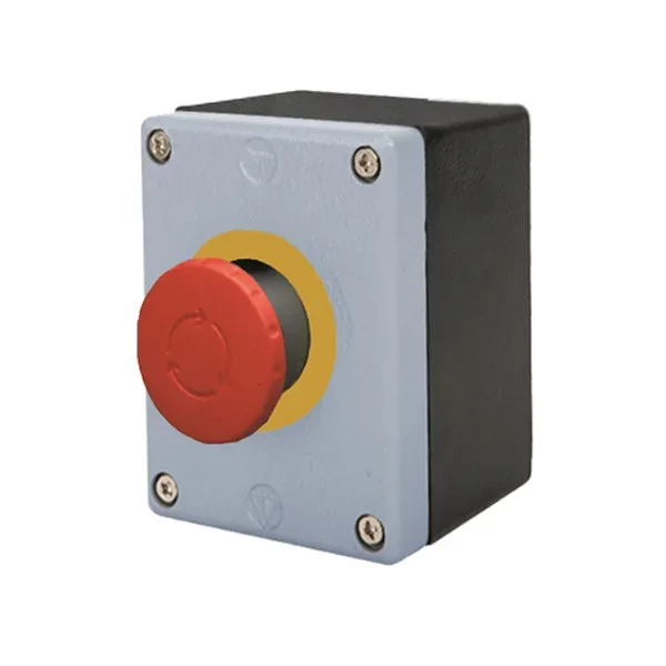 WTS - Einfach-Drucktaster aus Metall Aufputz mit rotem NOT-AUS Pilz rastend und wassergeschützt IP 65